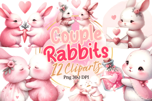 12 Couple of Rabbit Watercolor Clipart for Branding & Marketing Illustrations