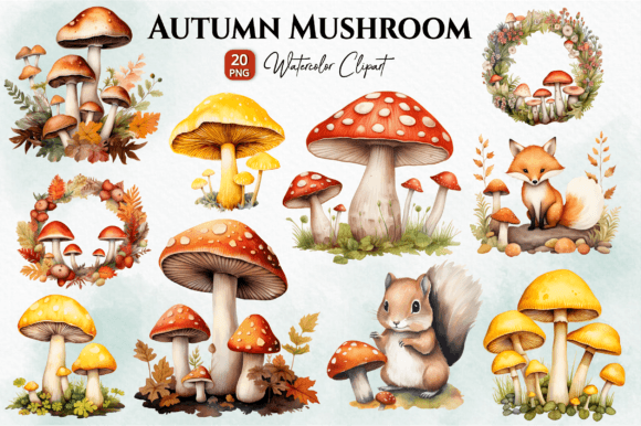 Autumn Mushroom Watercolor Clipart
