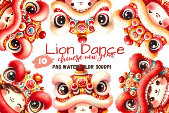 Chinese Lion Dance Watercolor Clipart for Local Branding & Packaging