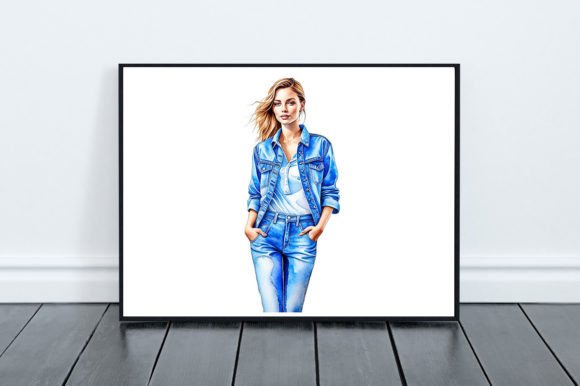 Denim Girl Clipart Watercolor Graphic for Local Brand Illustrations