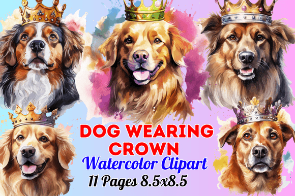Dog Wearing Crown Watercolor Clipart for Branding and Creative Projects