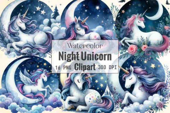 Ethereal Branding with Watercolor Night Unicorn Clipart Illustrations
