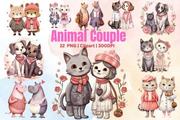 Watercolor Animal Couple Valentine Day Illustrations for Digital Sellers
