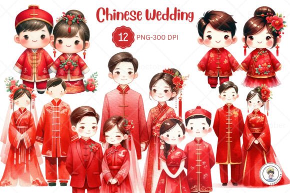 Watercolor Couple Chinese Wedding Illustrations for Romantic Branding