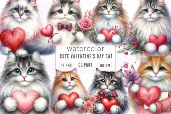 Watercolor Cute Valentine Cat Clipart for Crafting & Handmade Business