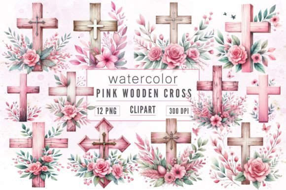 Watercolor Pink Wooden Cross Clipart for Lifestyle & Editorial Design