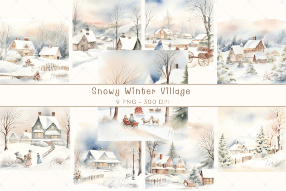 Watercolor Snowy Winter Village Clipart Review