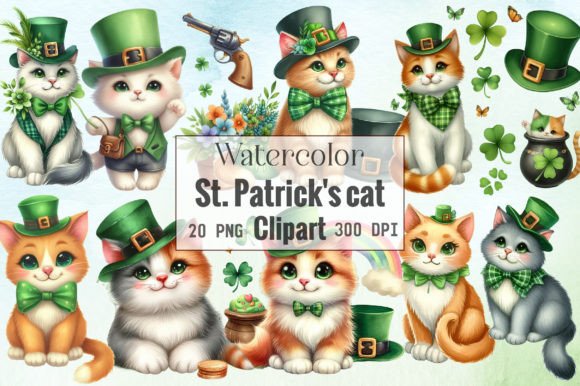 Watercolor St. Patrick’s Cat Clipart: Festive Illustrations for Local Branding