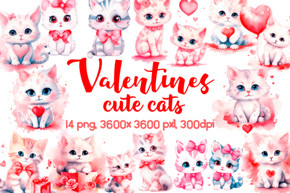 Watercolor Valentines Cute Cats Clipart for Branding & Marketing Projects