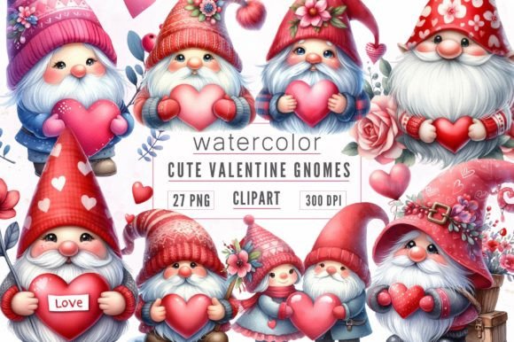 Watercolor Valentines Gnomes Clipart for Creative Sellers