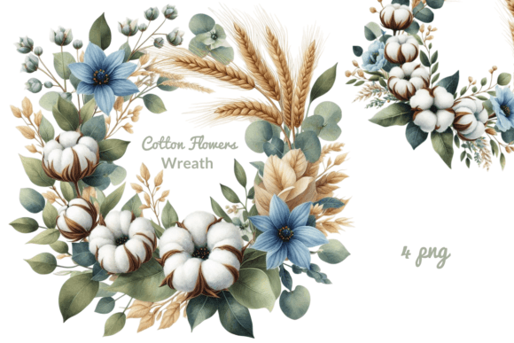 Watercolor Wreath with Cotton Flowers Illustrations for Digital Sellers